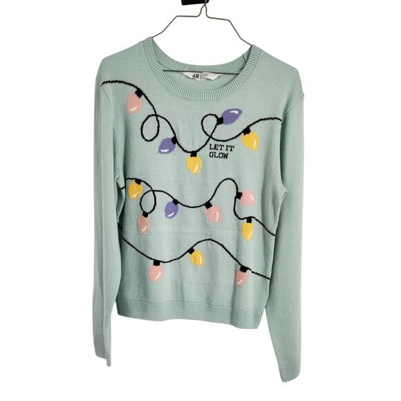 H&M Mint Green Christmas Lights "Let It Glow" Sweater Womens Size 20 - Picture 1 of 4